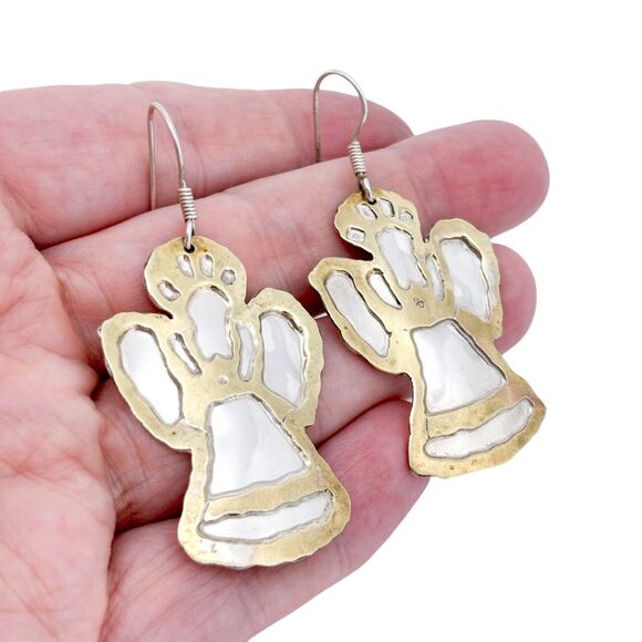 Vintage Mexico Sterling Silver 925 Two-Tone Angel Dangle Earrings
